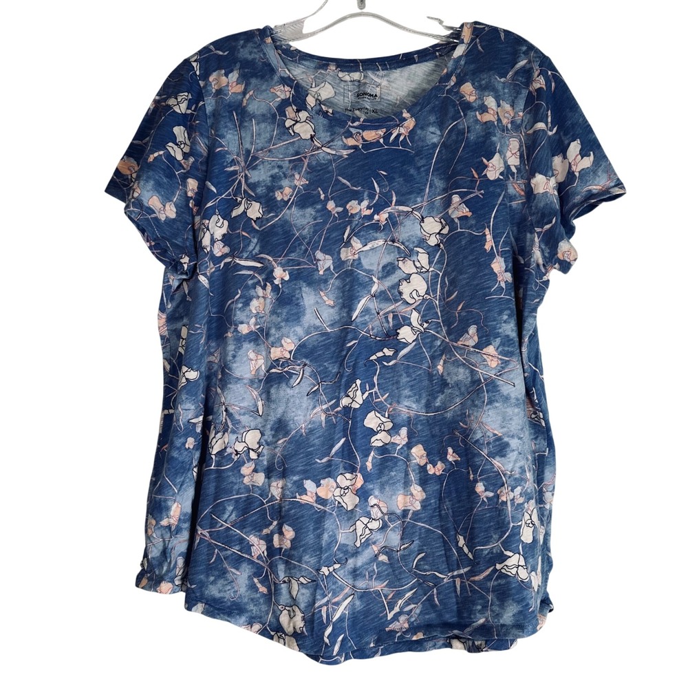 Sonoma Goods For Life The Everyday Tee XL Blue Floral Acid Wash Short Sleeve Top